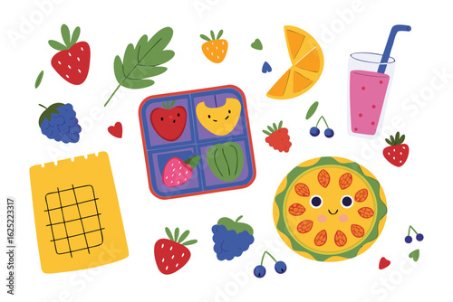Colorful Food Illustration: A vibrant and playful illustration, brimming with various colorful food items, including fruits and a refreshing drink.