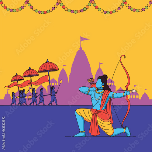Rama prepares to shoot his divine arrow during a grand celebratory procession before the temple