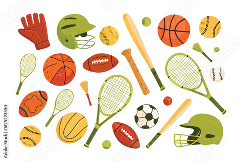 Sporting Essential Collection: A colorful assortment of sports equipment, including balls, rackets, and protective gear, is arranged for diverse activities.
