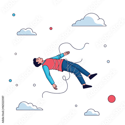 A person is suspended and floating in the air surrounded by clouds and small dots and spheres