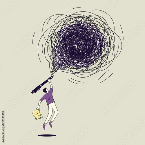 Creative thinking process overcoming mental blocks and generating innovative ideas with a pen
