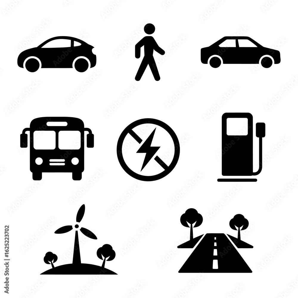 Naklejka premium collection of black silhouette vector transportation and eco-friendly travel icons