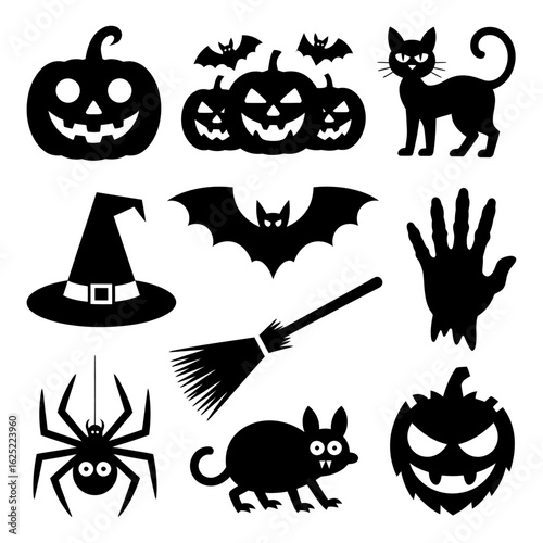 spooky halloween silhouette icons featuring pumpkins, bats, and eerie creatures