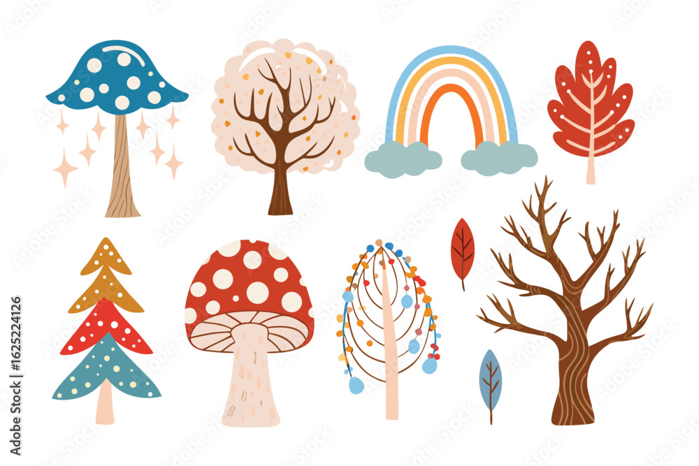 Whimsical forest elements set: A collection of charming, artistic forest elements, perfect for adding a touch of wonder to your creative projects.