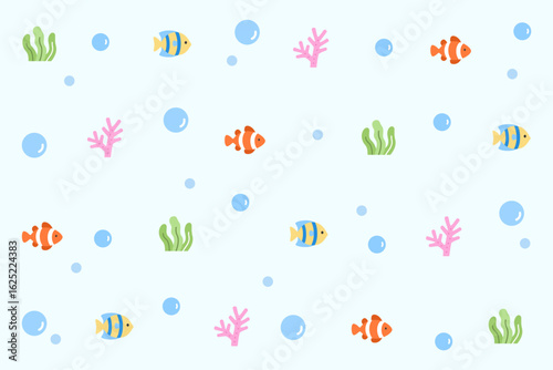 Colorful underwater pattern with clownfish, coral, seaweed, and butterfly fish on light blue. Great for ocean-themed packaging or kids' decor.