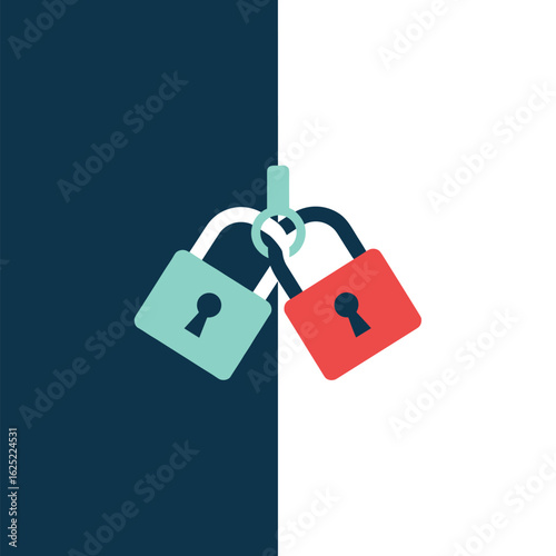 Two interlocked padlocks secured on a hook representing security and protection