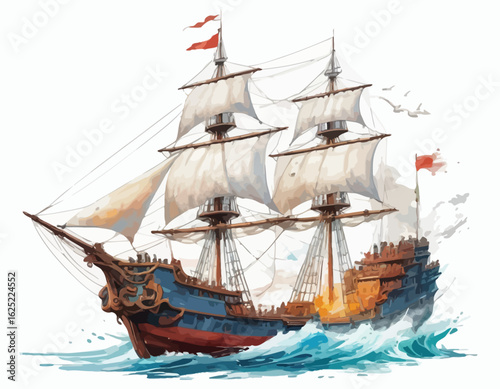 A red wooden sailing ship with a large hull, multiple masts, and white sails unfurled, cuts through turquoise waves, creating a splash of foam and spray.