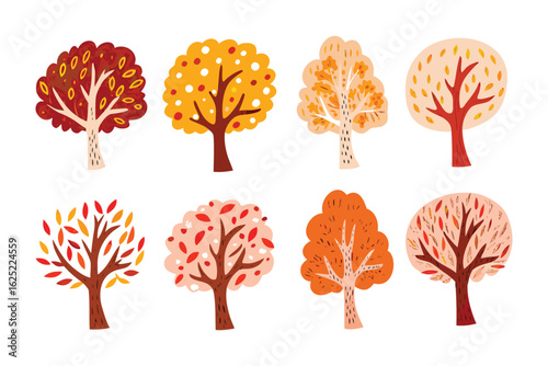 Autumnal Abstract: A vibrant assortment of stylised autumnal trees, each adorned with a unique combination of colorful foliage, showcasing the diversity of nature's palette.