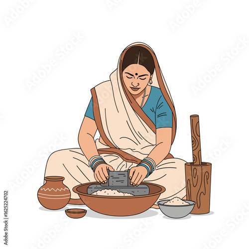 Traditional indian woman grinding grains with a stone grinding tool