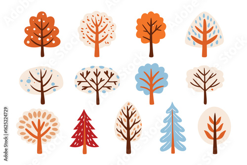 Decorative Trees Collection: A vibrant, artful collection of illustrated trees showcase a variety of styles, perfect for adding a touch of natural charm to any creative project.