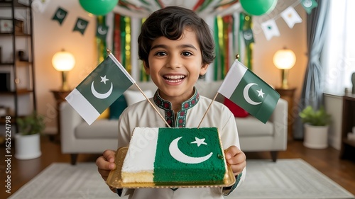 "Pakistani Kid Boy Celebrating 14 August Independence Day – Flag Holding, Green and White Dress, Patriotic Emotion, Outdoor Festive Scene