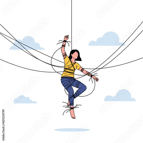 Woman suspended by ropes in the sky surrounded by clouds and tangled wires