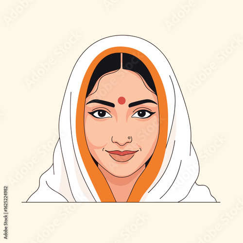 Portrait of a woman wearing a traditional white and orange saree with a red bindi on her forehead
