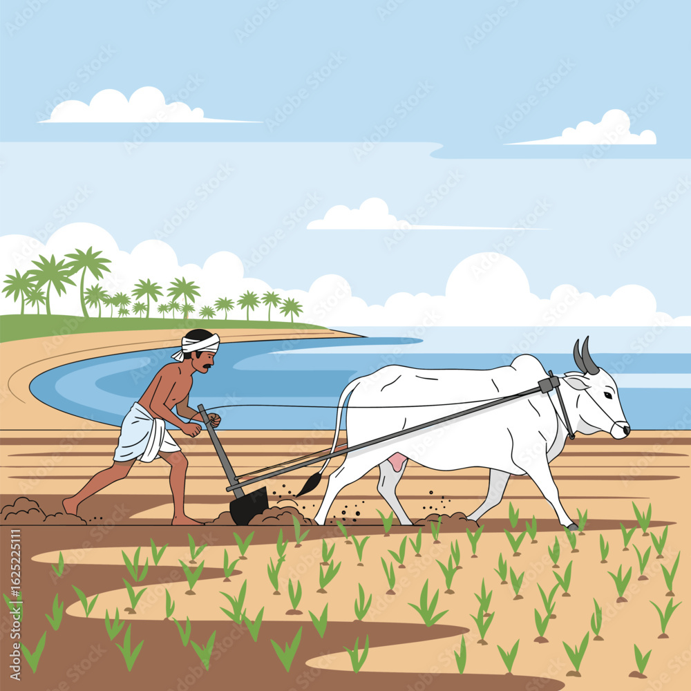 Obraz premium Farmer plowing field with oxen along the ocean shoreline