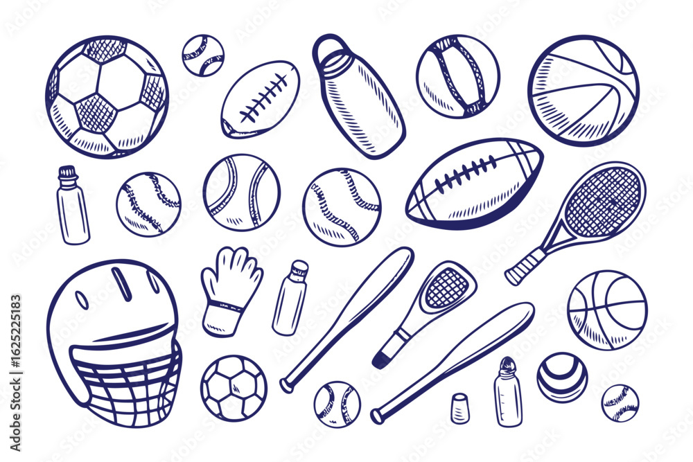 Fototapeta premium Sports Collection: A dynamic array of sports equipment illustrations, each drawn with meticulous detail. An assortment of iconic sport tools, each line conveying motion and energy.