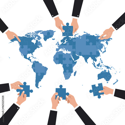 People Assembling a World Map from Puzzle Pieces