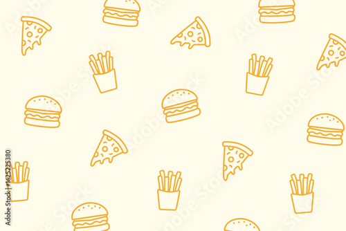 Fun fast food seamless pattern featuring pizza, burgers, and fries on pale yellow. Perfect for snack branding, kids’ designs, or restaurant-themed prints.