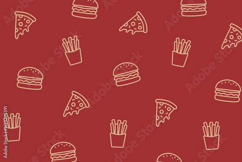 Bold fast food pattern of fries, pizza slices, and burgers on a deep maroon red background. Great for cafe menus, street food designs, or bold packaging.