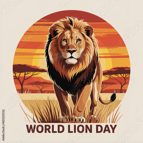 Majestic Lion Standing Illustration for World Lion Day with African Sunset
