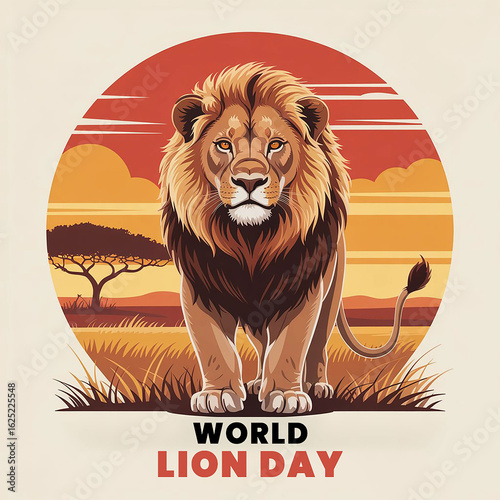 Majestic Lion Standing Illustration for World Lion Day with African Sunset
