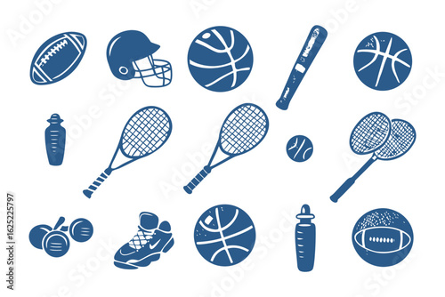 Sports Equipment Illustration: A collection of meticulously crafted, blue-toned sports equipment illustrations. Evoking the spirit of competition and recreational activities
