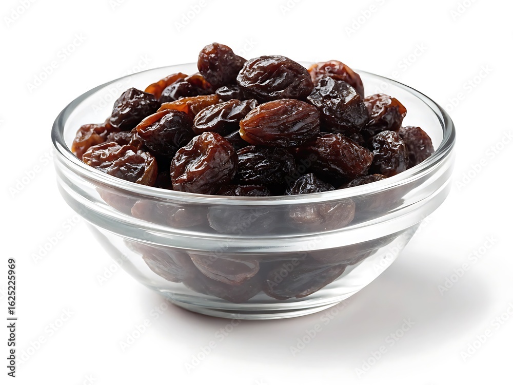 Close up of a bowl of raisins isolated on white background, a healthy and delicious dried fruit snack, rich in vitamins, fiber, and energy, perfect for a natural diet Close up of a bowl of raisins isolated on white background, a healthy and delicious dried fruit snack, rich in vitamins, fiber, and energy, perfect for a natural diet