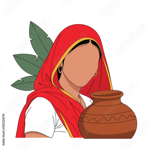 Traditional indian woman carrying water in a clay pot with leaves on her side