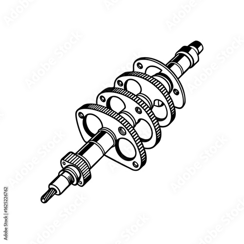 Technical Vector Illustration of Crankshaft Gear Mechanism – Black and White Detailed Drawing of Mechanical Engine Parts and Rotary Power Transmission System for Industrial Engineering Use