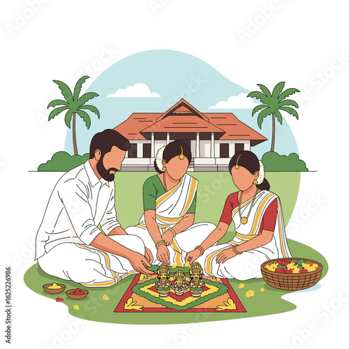 Family gathering for a traditional onam sadya feast outdoors