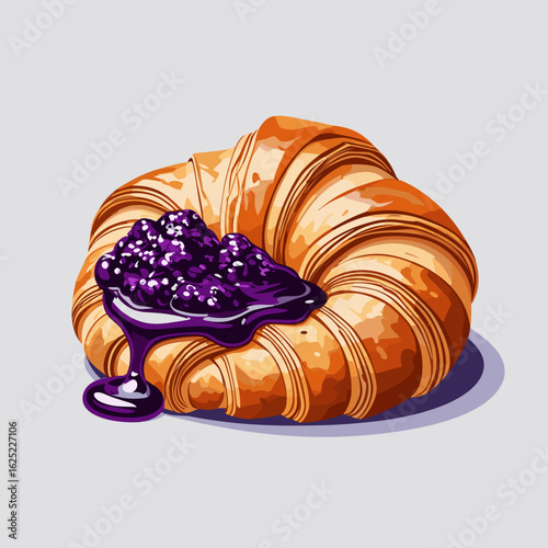 Croissant with berry jam dripping on light gray background  