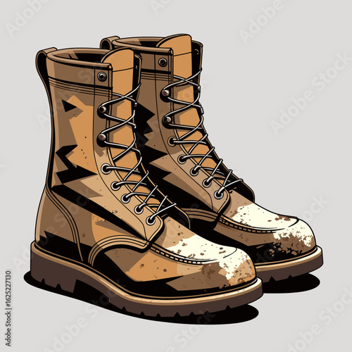 Military-style combat boots in khaki color with laces and sole  