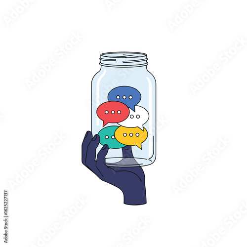 A hand holds a glass jar filled with colorful chat bubbles representing communication ideas
