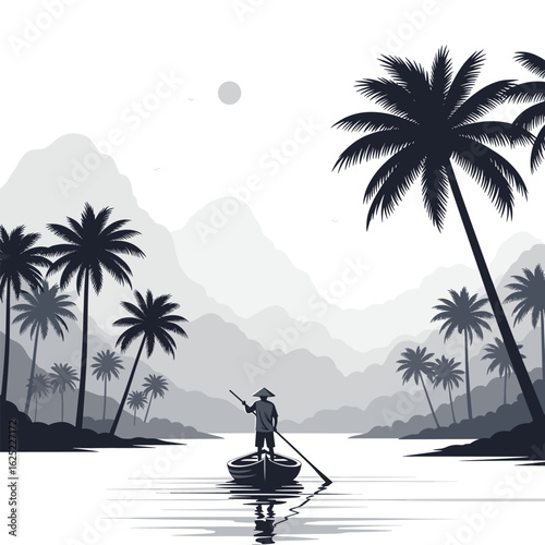 Solitary traveler navigates tranquil waters amidst majestic misty mountains and palm trees