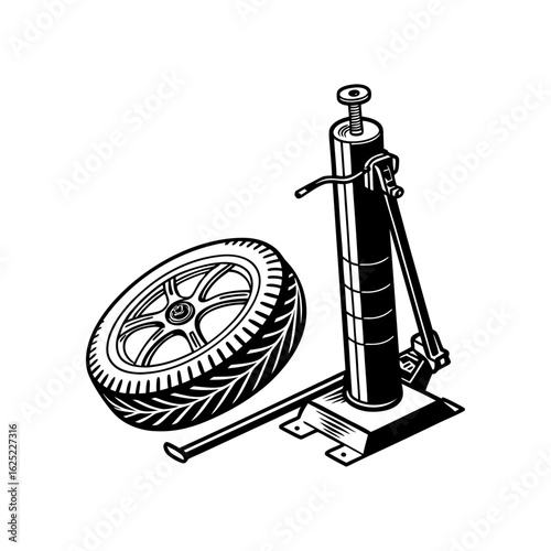 Detailed Black and White Vintage Illustration of a Manual Tire Changer Tool with Car Wheel for Auto Repair, Vehicle Maintenance, and Garage Equipment Concepts