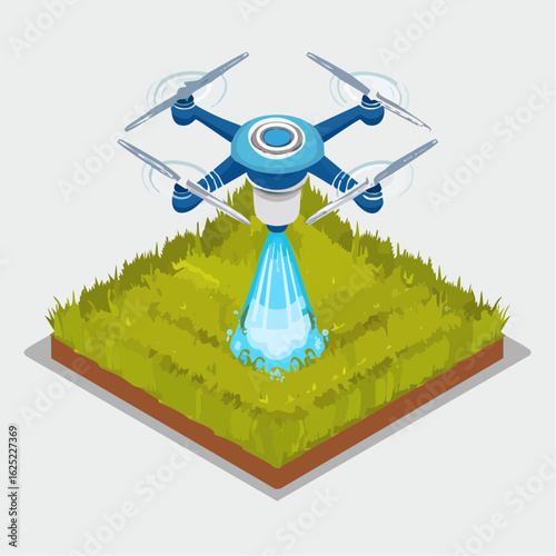 Isometric Vector of Drone Irrigation Over Green Rice Paddies – Aerial Farming Technology