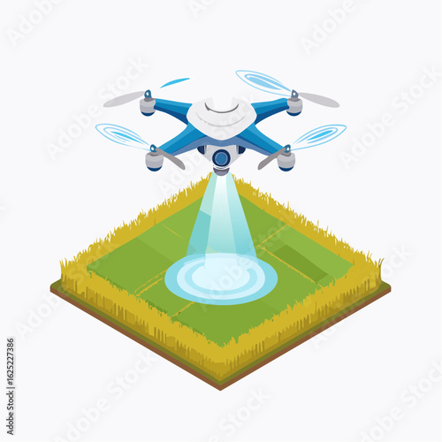 High-Tech Drone Watering Green Rice Fields – Isometric Vector Illustration from Aerial View