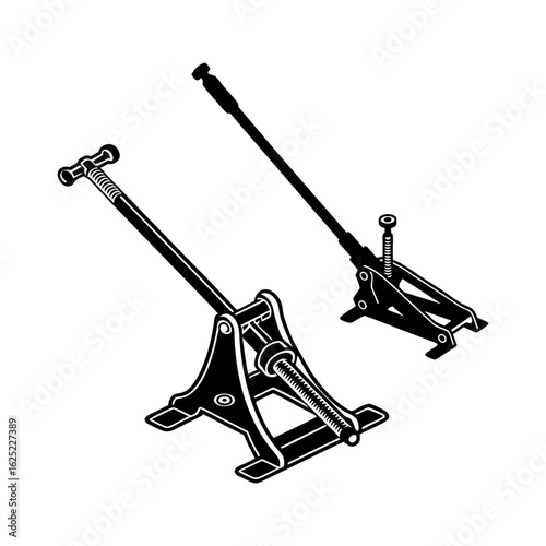 Hydraulic Car Jack and Scissor Jack Vector Illustration – Black and White Garage Lifting Tools for Vehicle Maintenance
