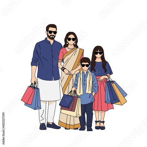 Family outing shopping together carrying bags enjoying weekend activities