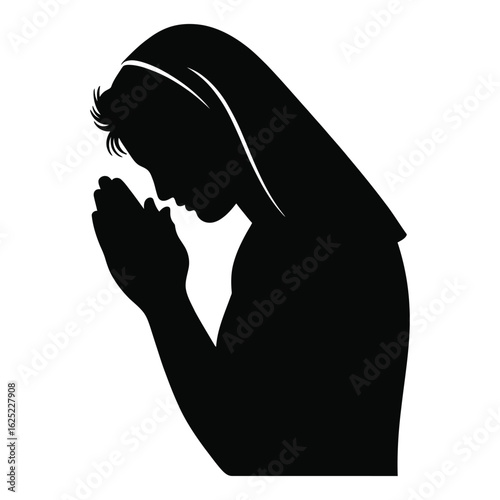Silhouette of a person praying with covered head in peaceful pose isolated in black and white vector