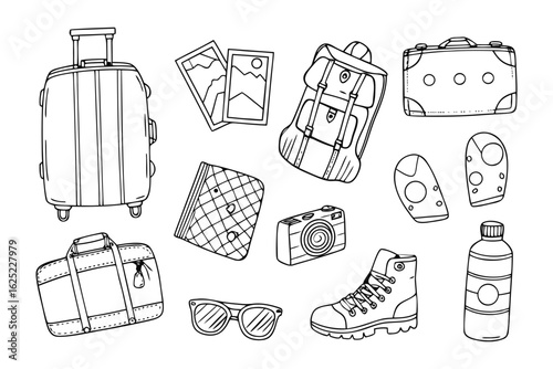 Journey Essentials: A collection of travel-related items, including a suitcase, camera, backpack, sunglasses, and other equipment, ready for an exciting adventure. 