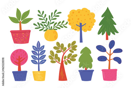 Stylized Flora Collage: A vibrant collage of various stylized trees in different shapes and colors, each residing in its own unique pot.