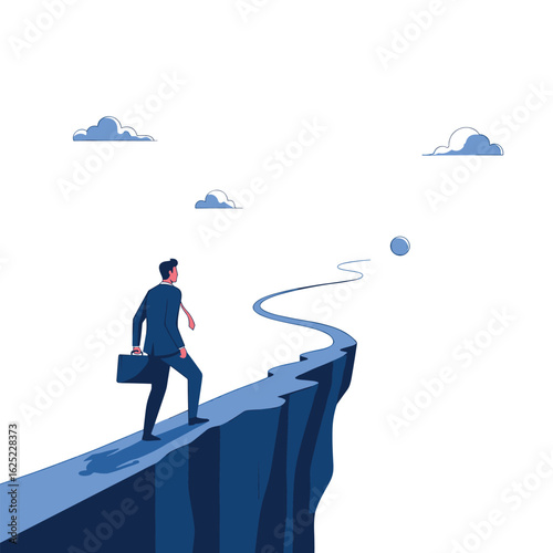 Businessperson navigates a challenging path towards a distant goal on a cliff edge