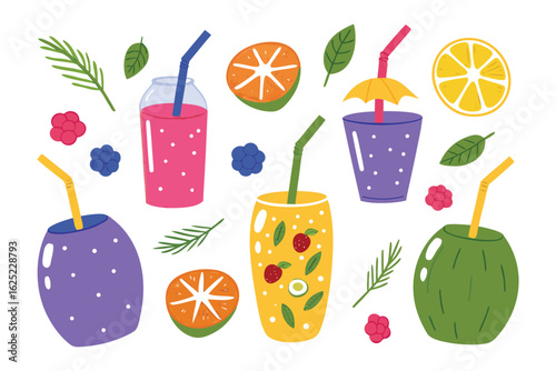 Tropical Smoothie Paradise: A collection of vibrant smoothies, each adorned with unique garnishes and straws. Evokes a refreshing, healthy lifestyle.