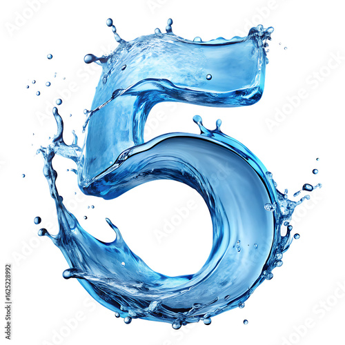 Number 5 formed by dynamic blue water splashes and droplets isolated on a transparent background five