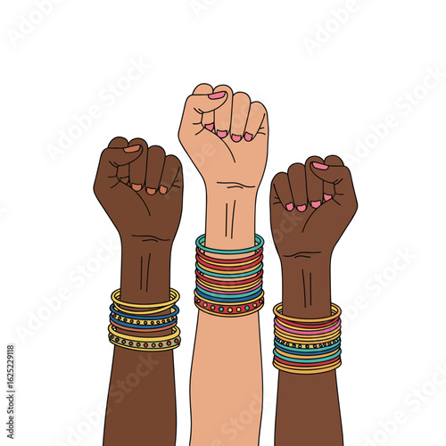 Three diverse women fists raised in unity supporting solidarity and collective empowerment