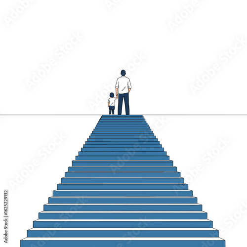 A father and child ascend blue stairs towards a bright horizon a symbol of hope and future