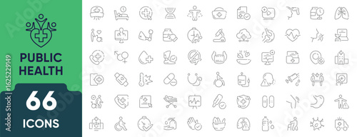 Public Health line icon set. Includes 66 outline icons related to healthcare, hygiene, medical services, disease prevention, and wellness. Linear icon collection. Editable stroke.