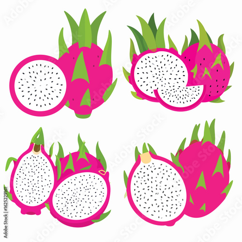 Vibrant illustrations of whole and halved dragon fruits, showcasing their pink skin and white flesh with tiny black seeds.