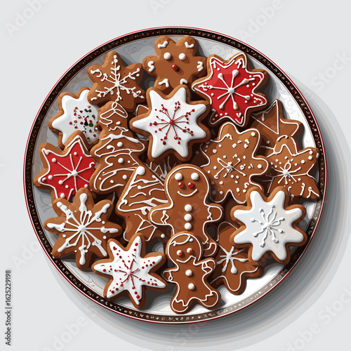 Gingerbread cookies decorated with icing on a plate for Christmas  