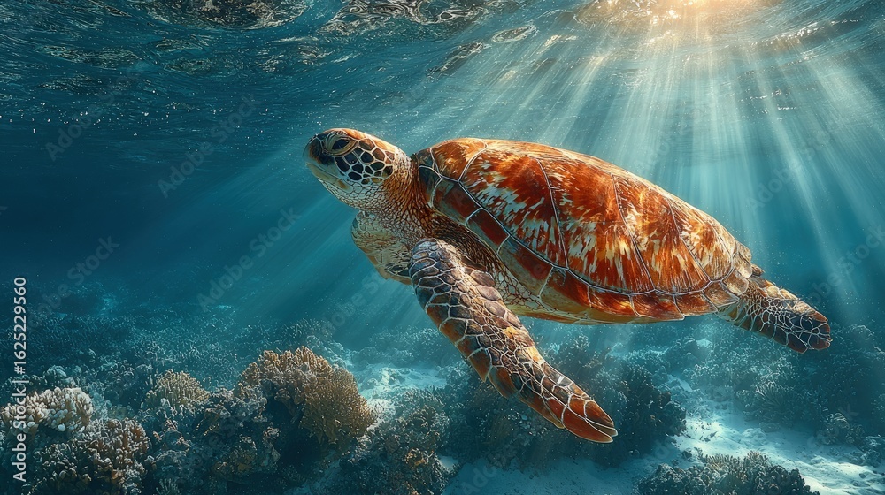 Fototapeta premium A sea turtle gliding through crystal-clear ocean waters reptiles in their serene underwater world sun rays piercing through